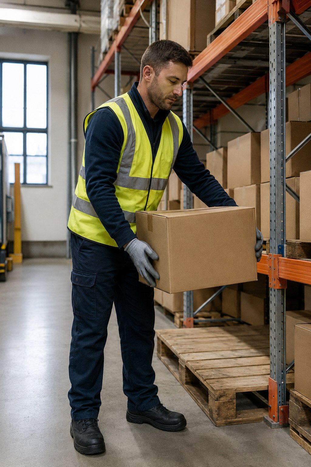 Warehouse worker moving a plain carton beside storage racks